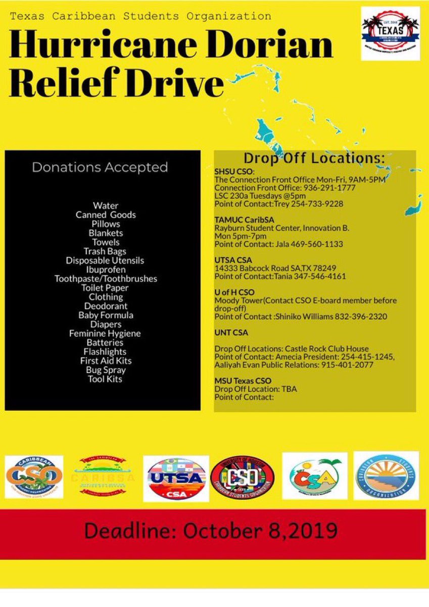 Everyone we are still accepting donations! Drop off location will be at CastleRock Clubhouse! Drop off times will be listed below. Please band with us in support of Bahamian brothers and sisters!🇧🇸❤️ #untcsa #bahamastrong