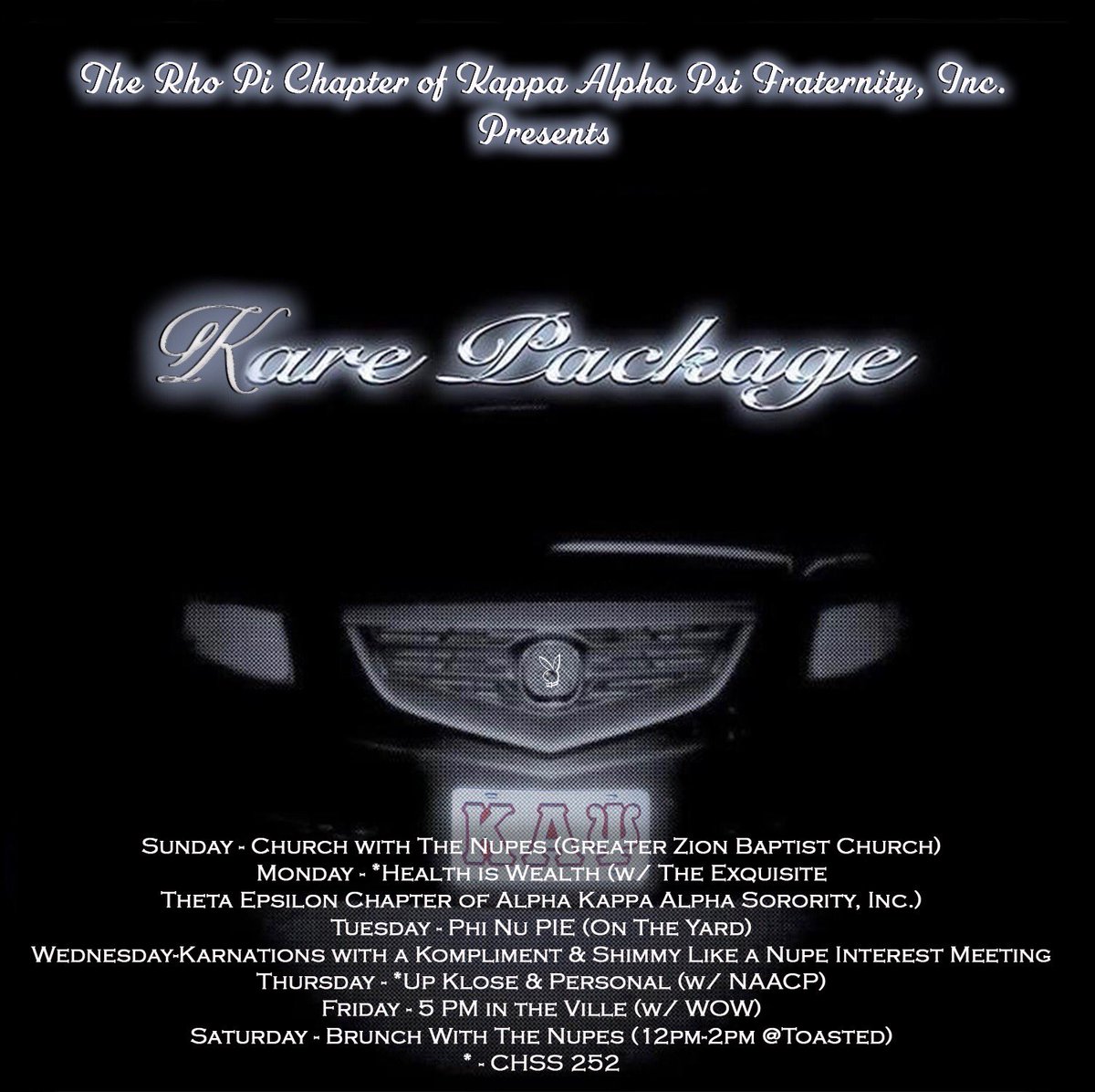 SamHoustonNupes's tweet photo. Kappa Week is Next Week 😌🌹
Kare Package ♦️ 9/22-9/28
#SHSU #KappaWeek #KarePackage https://t.co/wzLmx03OYx