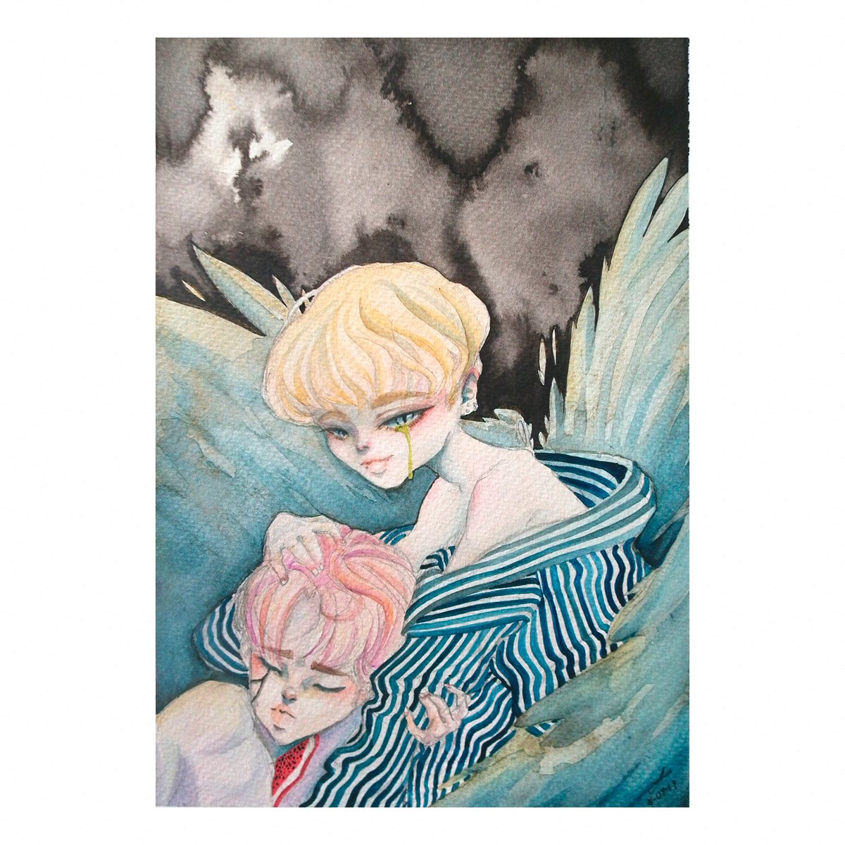 LorenaVignon's tweet photo. 🍎 Me quitas todo, mi sangre, mis lágrimas y algo más. 🍎
[BTS- Blood Sweat &amp; Tears]

#lovignon #fanartbts #fanart #bts #jin #v #bloodsweatandtears #kpop #watercolors #ink #goldink #watercolorpaper #traditionalart #artistoninstagram #instaartist #angel #cry #wings #wingssaga https://t.co/OtSOSWajea
