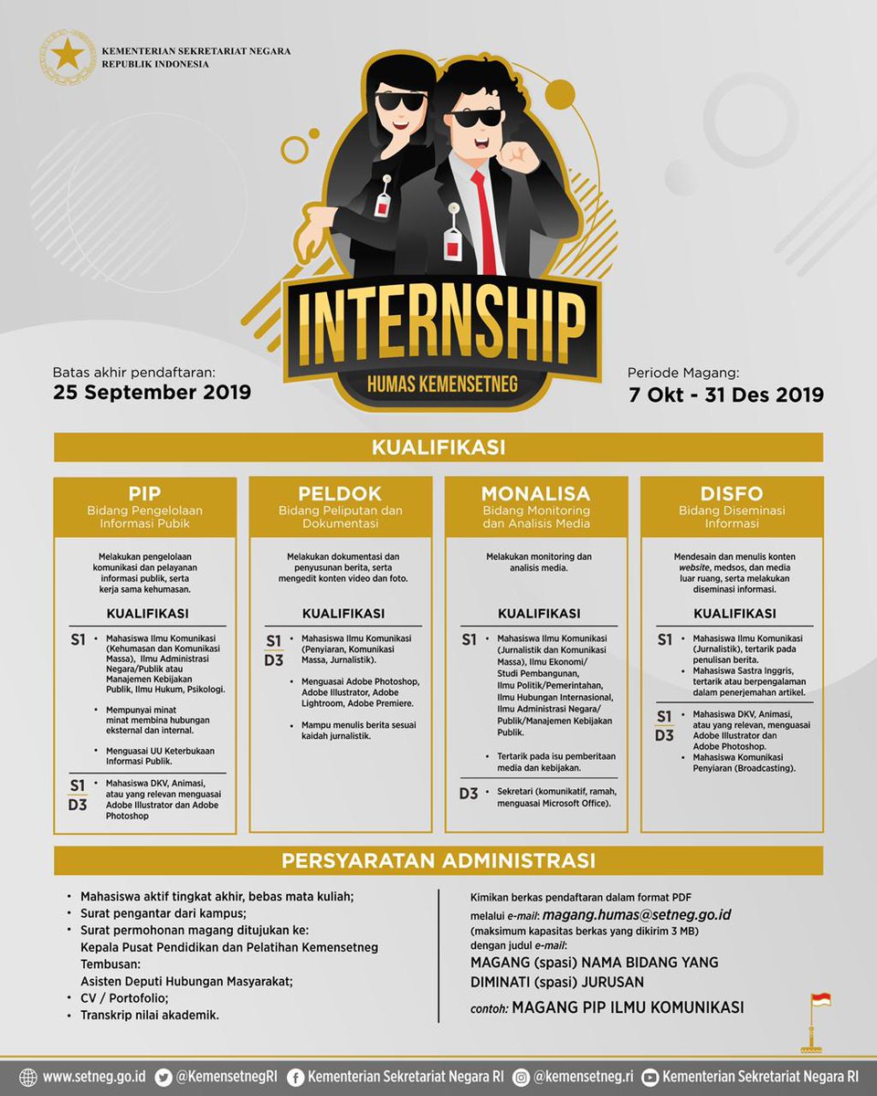 Buat adik-adik yang mau magang dan berminat ikut internship dan pengen tahu seputar humas pemerintah, yuk ikut gabung sini, yuk! 

Simak baik-baik persyaratannya, ya..