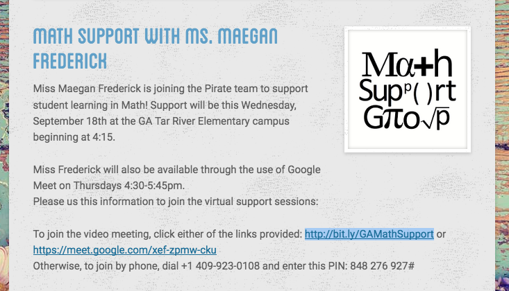 GranAcademyNC's tweet photo. Math Support this week with Ms. Maegan Frederick is on Wednesday (9/18) at the #GAPirates Tar River Campus starting at 4:15pm. Support is available on Thursday (9/19) virtually between 4:30pm and 5:45pm. #GranvilleAcademy #PreparedPirates
Virtual Link: https://t.co/jUFTUC9u5O https://t.co/8howVJIl7Z