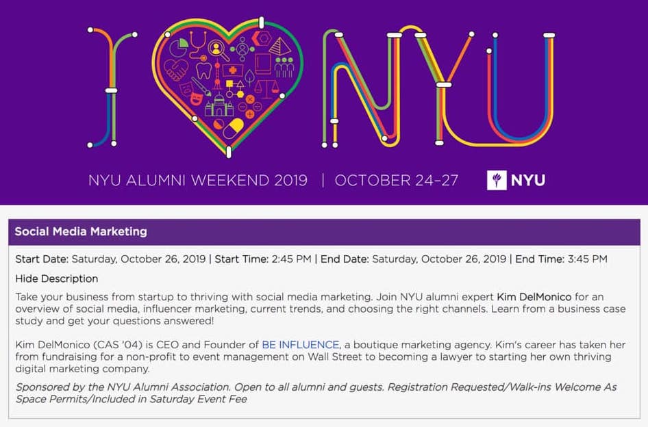 kimdelmonico's tweet photo. Who is making it to #NYUAlumniWeekend this year?
I'm so excited to be giving an alumni talk that weekend about #SocialMediaMarketing for Businesses.
#ViralViolets
@NYUAlumni
#NYUAlumni
#VioletPride
#ForeverViolet https://t.co/MYQEBNuECT