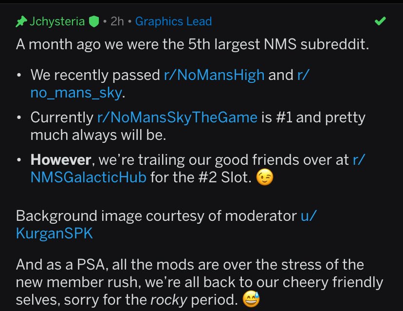 jchysteria's tweet photo. r/NMSCoordinateExchange hit another milestone today! 

We’re officially the 3rd largest NMS related subreddit and within the Top 10k throughout Reddit as a whole.

Closely approaching my boys (and self 😅) at the @NMSGalacticHub. 

#NoMansSky #NMSCE https://t.co/6HPZk1hrp2