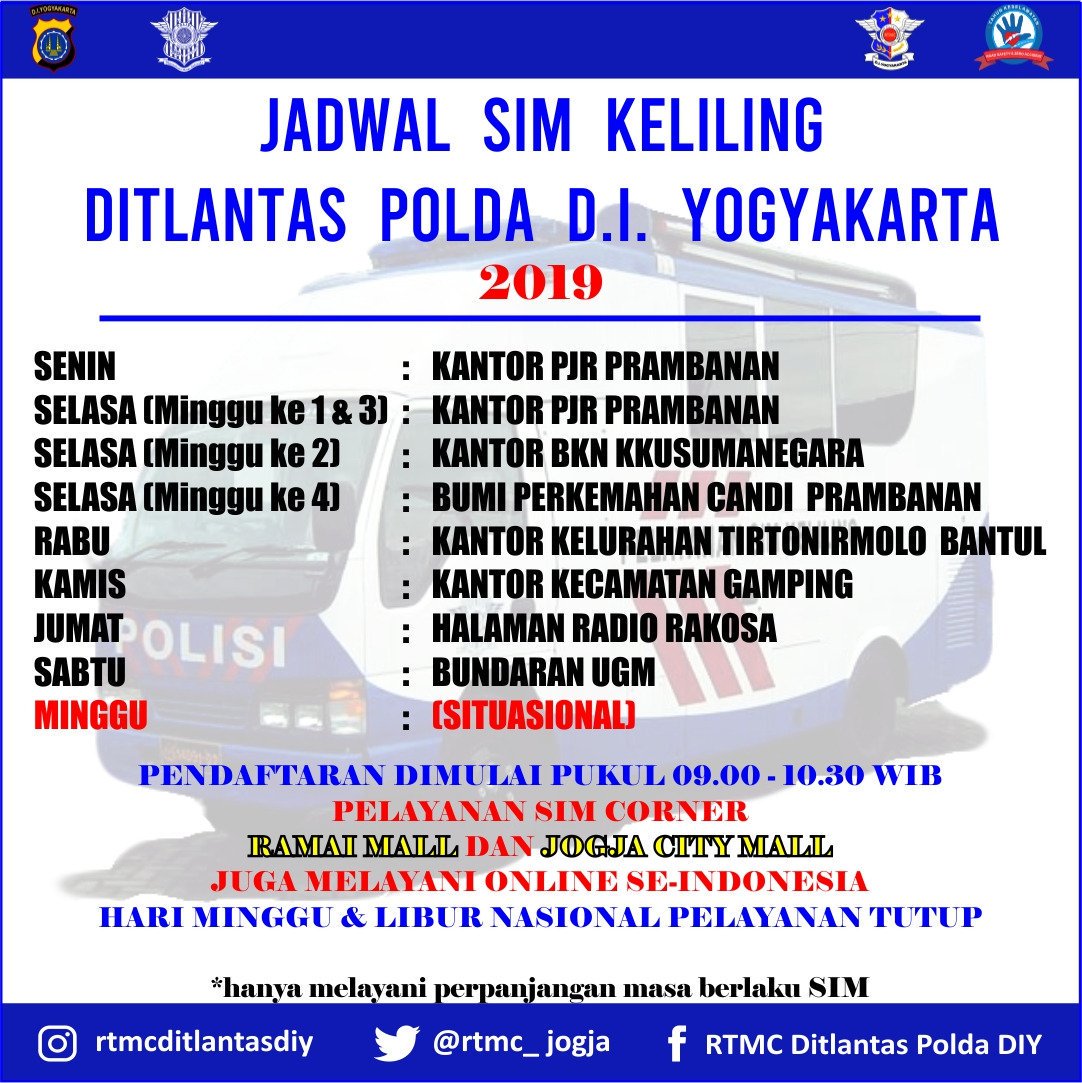 area_jogja's tweet photo. Jadwal layanan #SimKeliling dan #SimCorner Ditlantas Polda DIY
Sumber : @RTMC_Jogja https://t.co/qhvnbIzg8s
