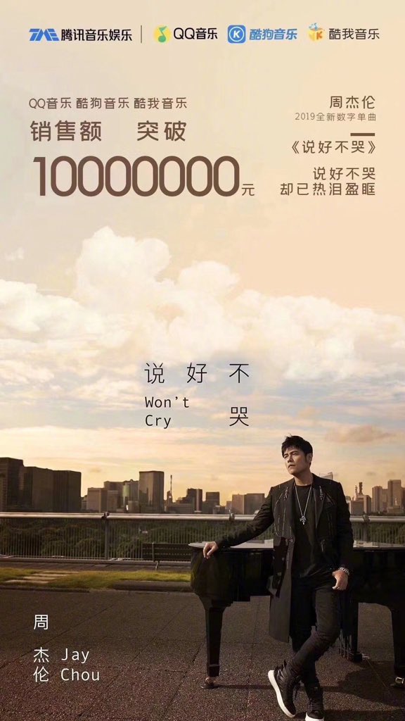 MaydaLim's tweet photo. Asia’s #mandopop king #jaychou #wontcry #说好不哭 released 2 hrs sold $10million yuan $USD1.4m. Power of #platform!! https://t.co/cIOpbqYUC1