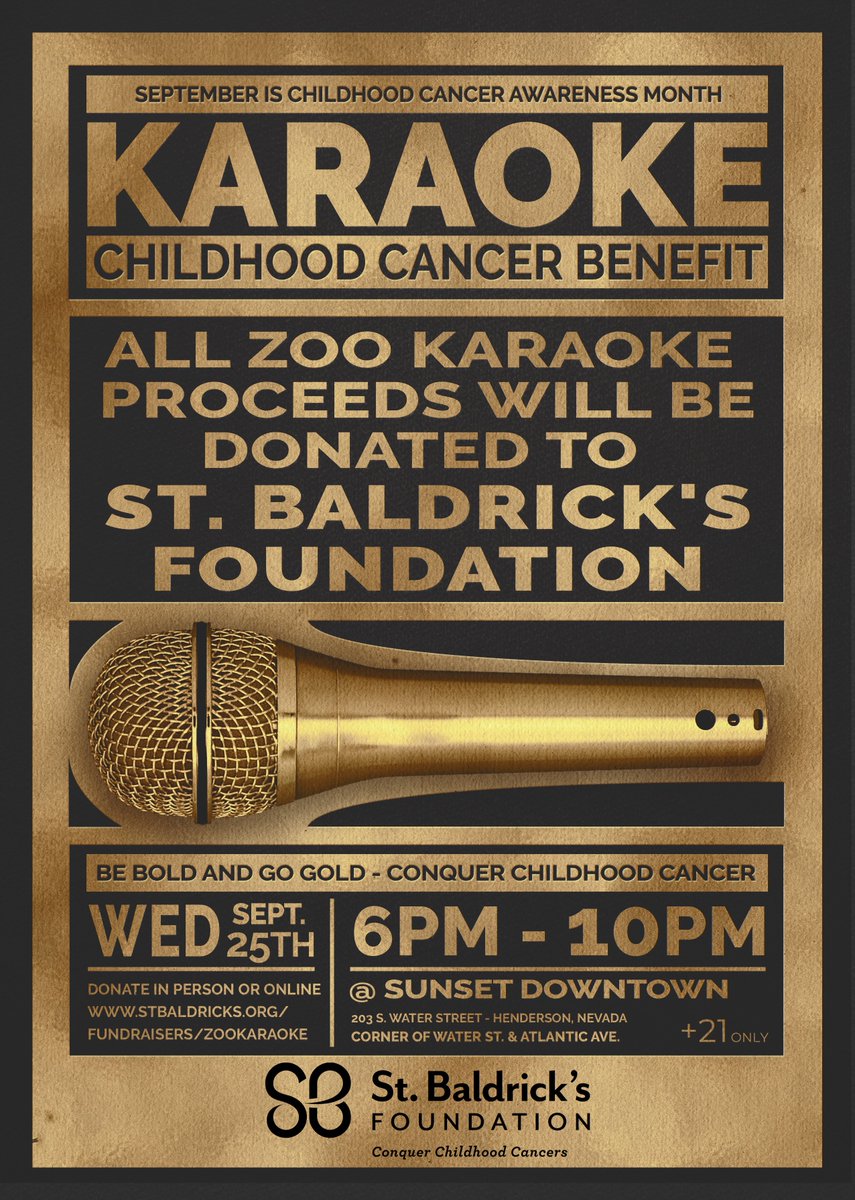 Our 5th annual Zoo Karaoke fundraiser benefitting St. Baldrick's Foundation is coming on Wednesday, September, 25th from 6p-10p at Sunset Downtown in Henderson. #ChildhoodCancerAwarenessMonth #karaoke #SunsetDowntown #StBaldricksFoundation