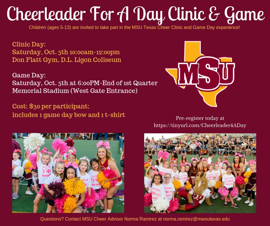 Join us for “Cheerleader for a Day” on Saturday, October 5, 2019! Pre-register today: tinyurl.com/Cheerleader4AD… <a href="/MSUTexas/">Midwestern State University</a> #StangGang