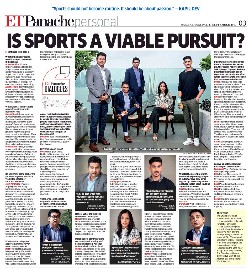 ESPpropsIndia's tweet photo. In India, Sports is still not a sustainable career for many. Apart from career prospects, there is also a question of business viability of backing a sports. Here’s @VinitKarnik debating it with eminent panelists during the #ETPanacheDialogue on sports @ETPanache @GroupMIndia https://t.co/MMwMipOzT2