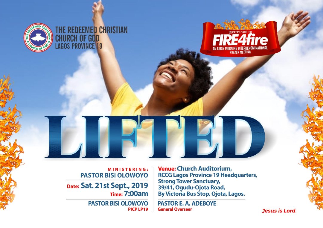 LP19RCCG's tweet image. Lifted, I'm lifted
I'm lifted by the Lord
Above Sins and Sorrow
Into the presence of the Lord
Join us and get #LIFTED at RCCG LP19 HQs, 39/41 Ogudu rd, opposite Victoria Junction, Ojota by 7am this Saturday.
Ministering: Pastor Bisi Olowoyo
#Fire4fire #LIFTED