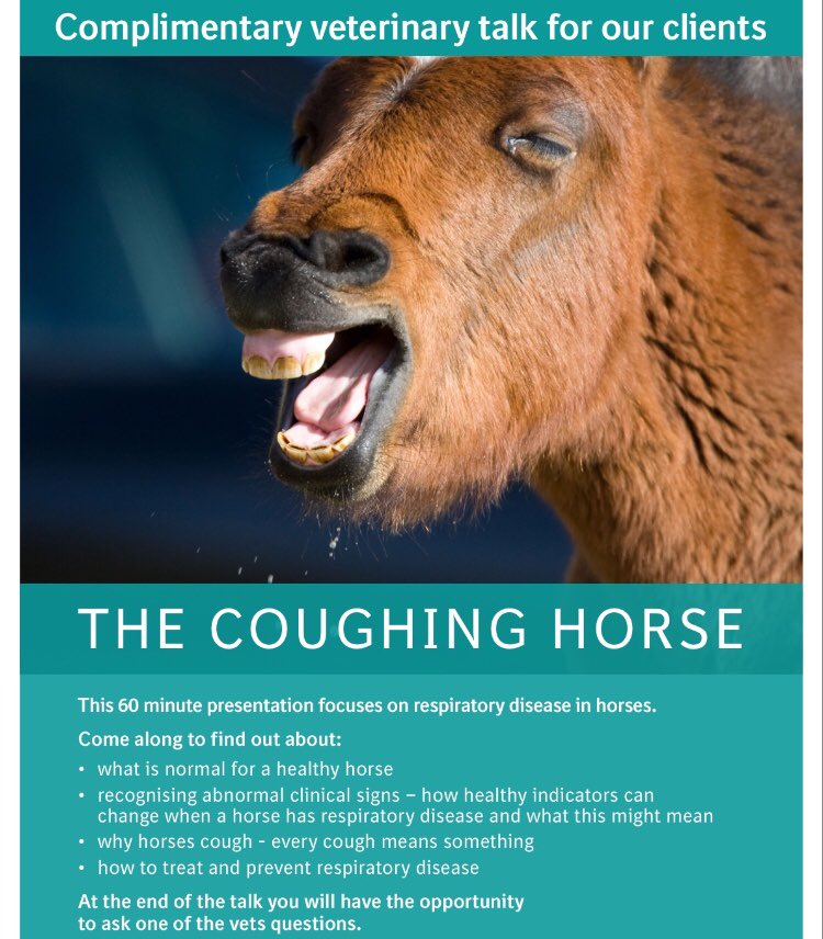 We’re running a winter series of client evenings to help through the long winter nights! The 1st one will be at <a href="/StallionAI/">Stallion AI Services</a> on 16th October 630pm. <a href="/Boehringer/">Boehringer Ingelheim</a> will talk on the Coughing Horse. Please call the office for more info #equinevet #keepinghorseshealthy #knowledgeshare