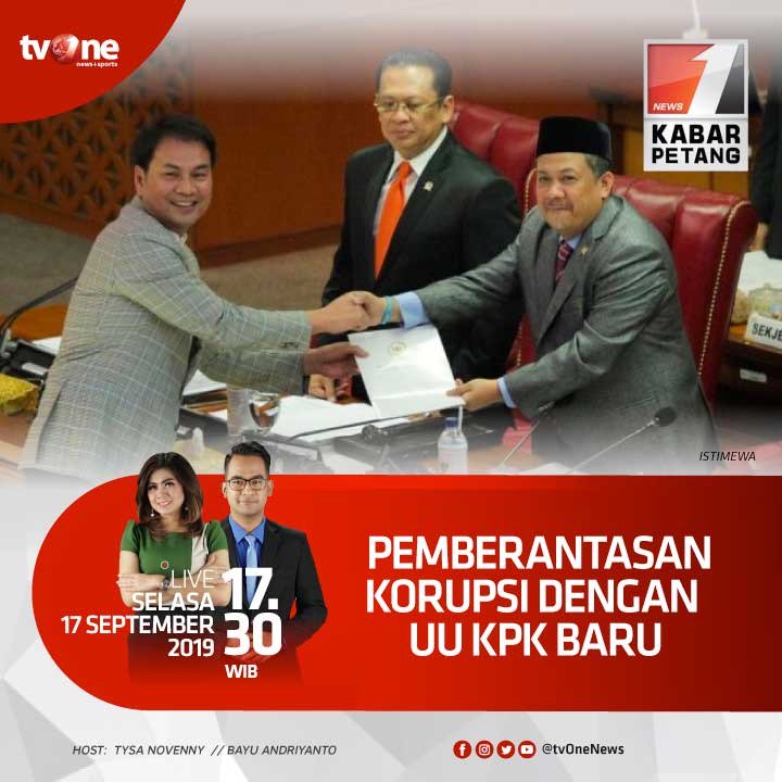 Pemberantasan Korupsi dengan UU KPK Baru. Saksikan Kabar Petang jam 17.30 WIB di tvOne & streaming tvOne connect, android http://bit.ly/2EMxVdm & ios http://apple.co/2CPK6U3 #KabarPetangtvOne