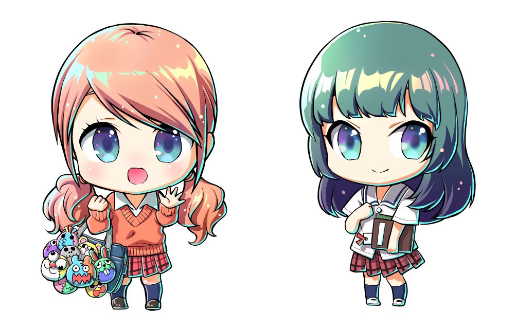 multiple girls 2girls blue eyes smile skirt school uniform chibi  illustration images