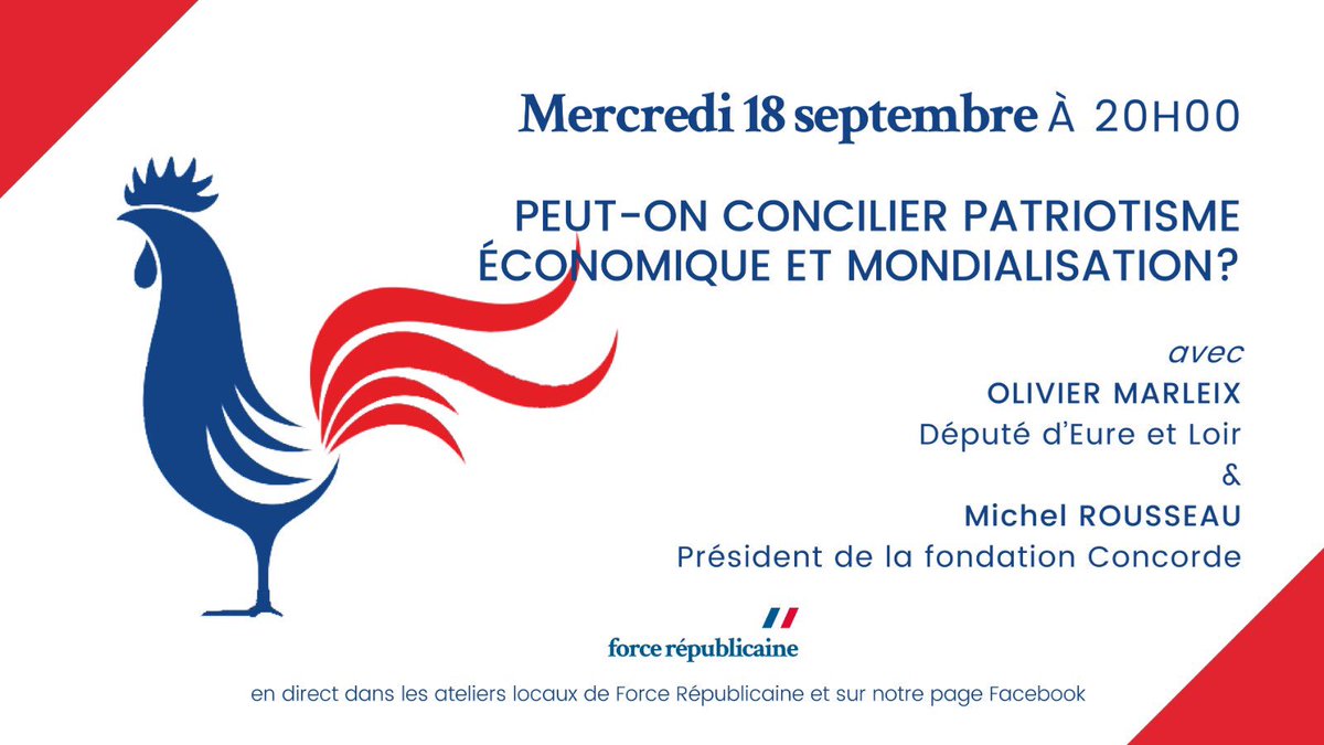 JForceRep72's tweet image. 📆 Rendez-vous demain soir pour les #MercredisForceRep sur la thématique Peut-on concilier patriotisme économique et mondialisation ? 🇫🇷🌎

👥 avec @oliviermarleix et @michelrousseau dans nos 2 ateliers au📍Mans et à📍La Flèche.

CC @vanessachar 
#ForceRepublicainePDL