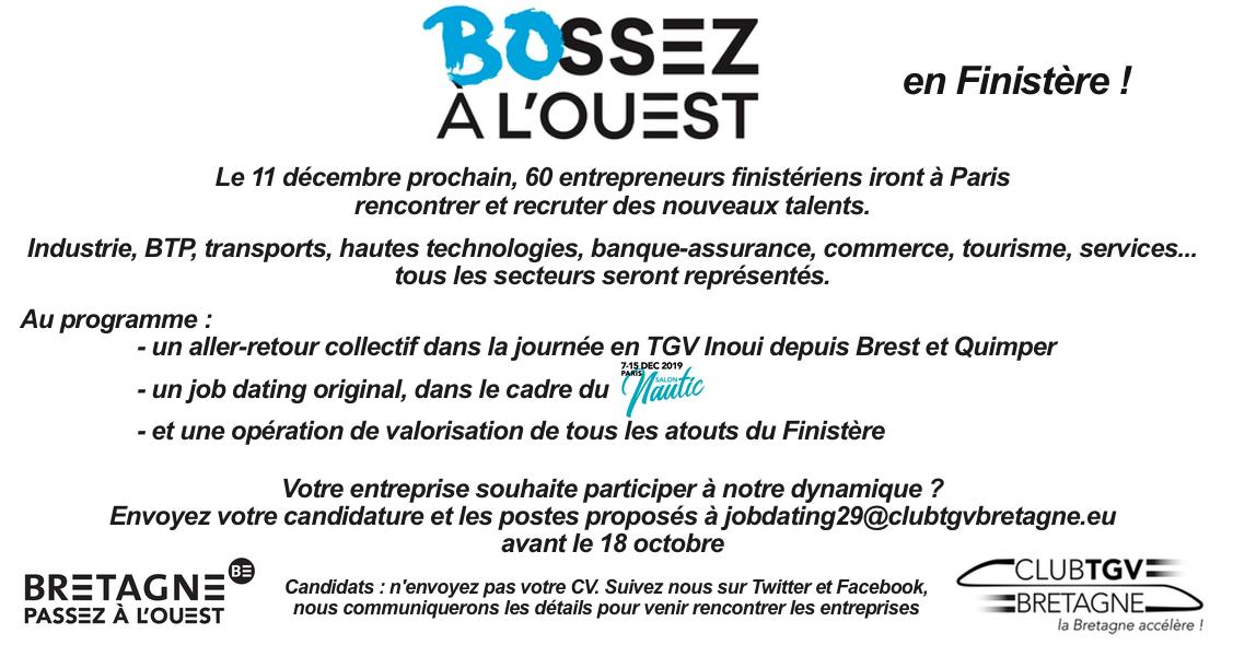 L'accessibilité TGV fait partie des atouts de la Bretagne et de ses entreprises ! Alors, pour aider les talents franciliens à passer le cap et à changer de vie, les Finistériens viendront le 11 décembre les chercher à Paris, et ceci à l'occasion du Nautic - Bretagne oblige 😉