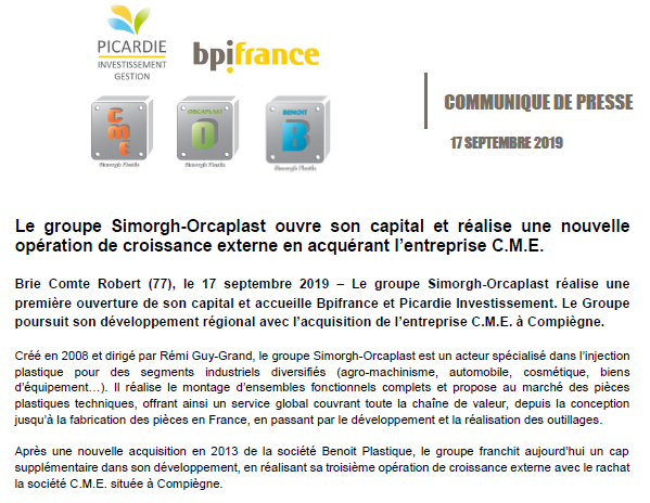 BpifrancePresse's tweet photo. Le groupe Simorgh-Orcaplast ouvre son capital et réalise une nouvelle opération de croissance externe en acquérant l'entreprise C.M.E https://t.co/Q86rQ2Y0rO https://t.co/Sf0zKqPHci