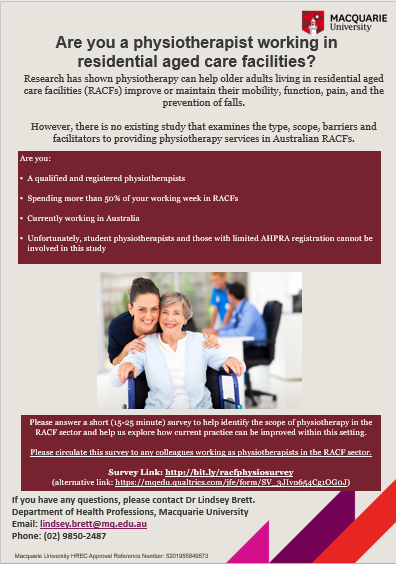 Lindsey Brett (@drlindseybrett) on Twitter photo Are you a physio that work in Australian RACFs and interested in being involve in an online survey looking at the scope of physio? Follow the link below for further information and to complete the survey.
bit.ly/racfphysiosurv… Are you a physio that work in Australian RACFs and interested in being involve in an online survey looking at the scope of physio? Follow the link below for further information and to complete the survey.
bit.ly/racfphysiosurv…
