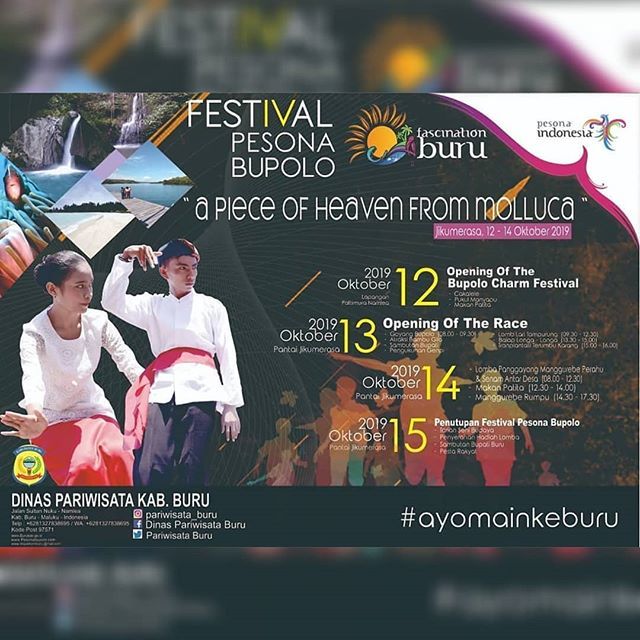 malukuevent's tweet photo. Festival Pesona Bupolo "A Piece of Heaven From Molluca"
..
Jikumerasa, 12 - 14 Oktober 2019
..
Pukul Manyapu
Lomba Panggayong
Lomba Senam
Bambu Gila
Makan Patita
dan masih banyak lagi
..
Info lebih lanjut ke @pariwisata_buru ..
#eventmaluku #malukuevent … https://t.co/EYGaNwVL5k https://t.co/IzyjyQ29Jm