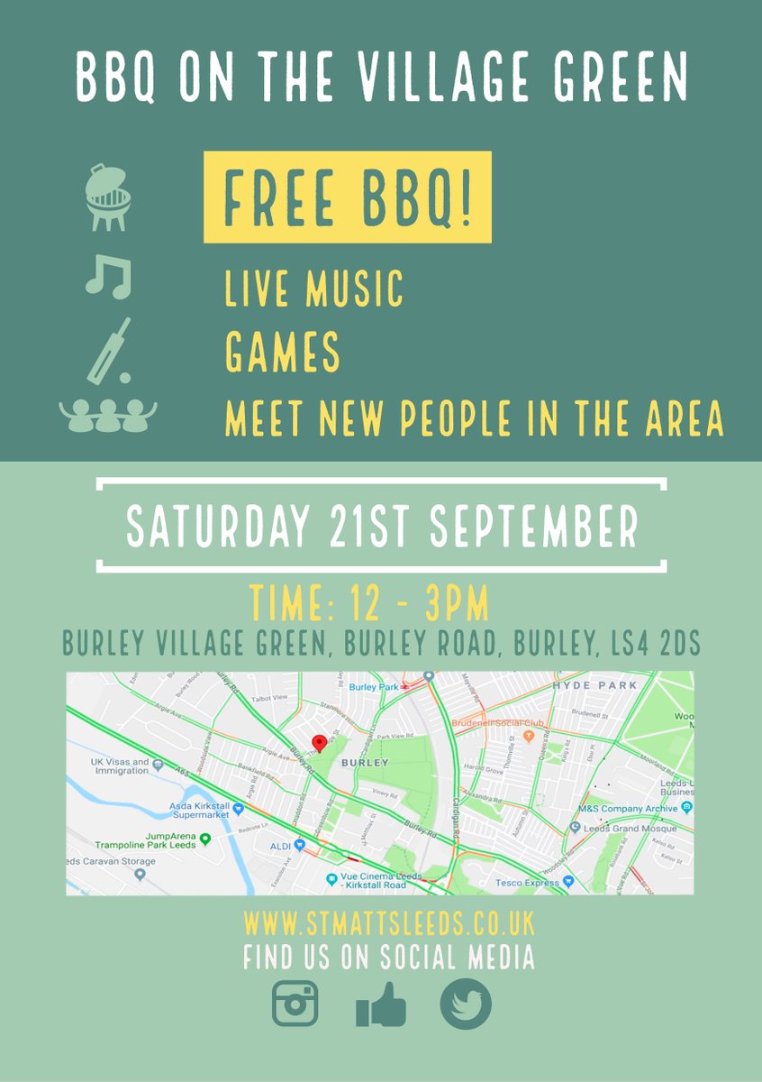 stmattsleeds's tweet photo. The BBQ on the Village Green is almost here! Join us for a free BBQ, live music and games on Saturday 21st September. https://t.co/v1tlsUqQDY