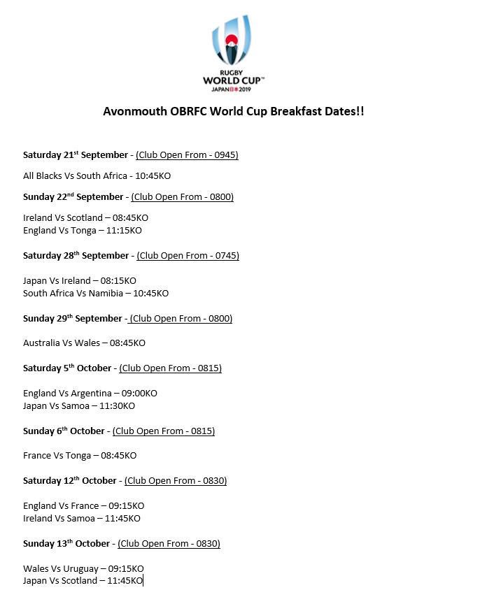 AvonmouthOBRFC's tweet photo. With the @rugbyworldcup starting this Friday we will be hosting our World Cup Breakfast Mornings at the club house every weekend throughout the tournament...
All welcome to enjoy the atmosphere of the tournament!!
๐ฏ๐ต ๐ ๐ณ ๐ฅ
#WhenHungerStrikes #EarlyKickOffs https://t.co/z2To54ew49
