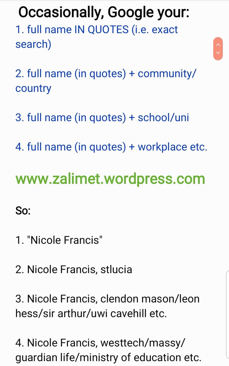 🎯 1. #Protip Occasionally, GOOGLE your name! If you're 'Nicole Francis', search for 'nicole francis, stlucia' and see what comes up. Secure and maintain your online privacy‼ 
 You don't know who's watching. 👀 See photo for details. #Zalimet #LightYourFire