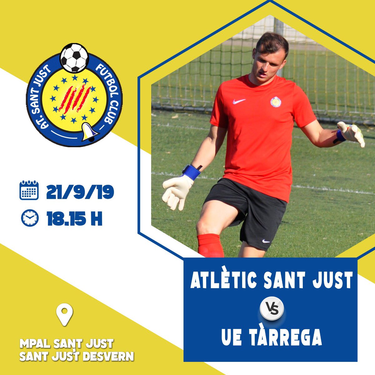 AtleticSantJust's tweet photo. 🔶🔷 PRIMER EQUIP

🏆 #1CAT2
🆚 @UETarrega 
📆 Ds 21/9
⏱ 18.15 h
📍 Mpal Sant Just | Sant Just Desvern https://t.co/eprrpVWgTk
