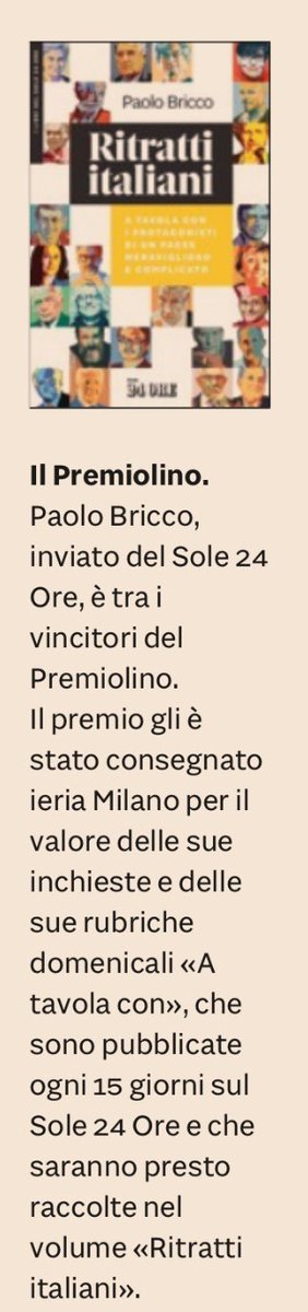 KarenNahum's tweet photo. A @PaoloBricco il #Premiolino per le interviste sul @sole24ore ‘A Tavola con’ a breve ‘Riratti Italiani’ il libro che le raccoglie #StayTuned https://t.co/QHSun75RJN