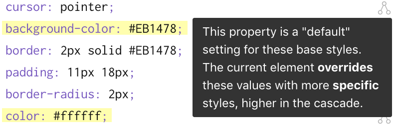 Tooltip: This property is a "default" setting for these base styles. The current element overrides these values with more specific styles, higher in the cascade.