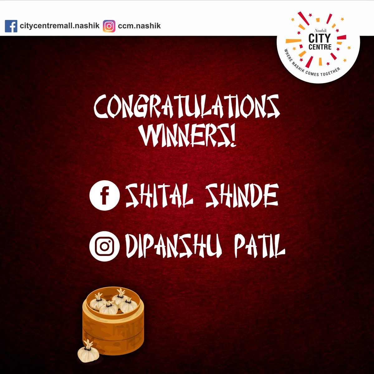 nasikcitycentre's tweet photo. Congratulations to the winners of #CCMFridayContest! #StayTuned for more such contests!

Note: Winners please claim your prize within a week.

#CCM #Fridaycontest #contest #contests #contestalert #contestday #contestgram #Winners https://t.co/CLC4O0hLPr