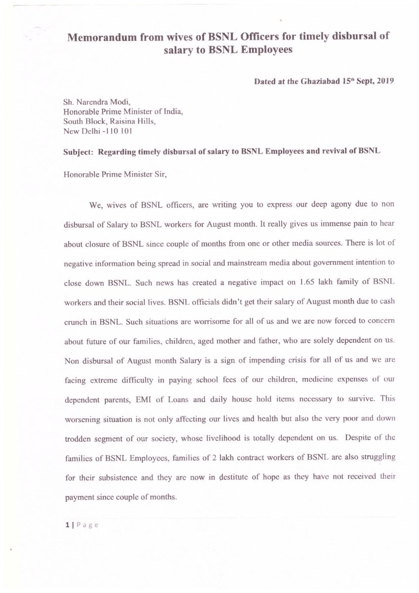 singh96057's tweet photo. @narendramodi @rsprasad @nsitharaman @AmitShah @rajnathsingh @CMDBSNL Wives of BSNL officers has written letter for BSNL revival and salary issue with lot of hope.Please intervene in revival process of BSNL which are presently in bureaucratic clutch. BSNL need medication urgently https://t.co/6scLOp40fo