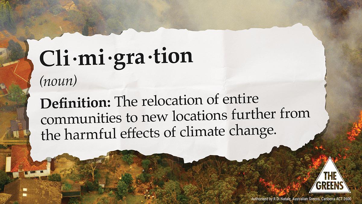 Definition of climigration overlayed on an aerial photo of bushfires