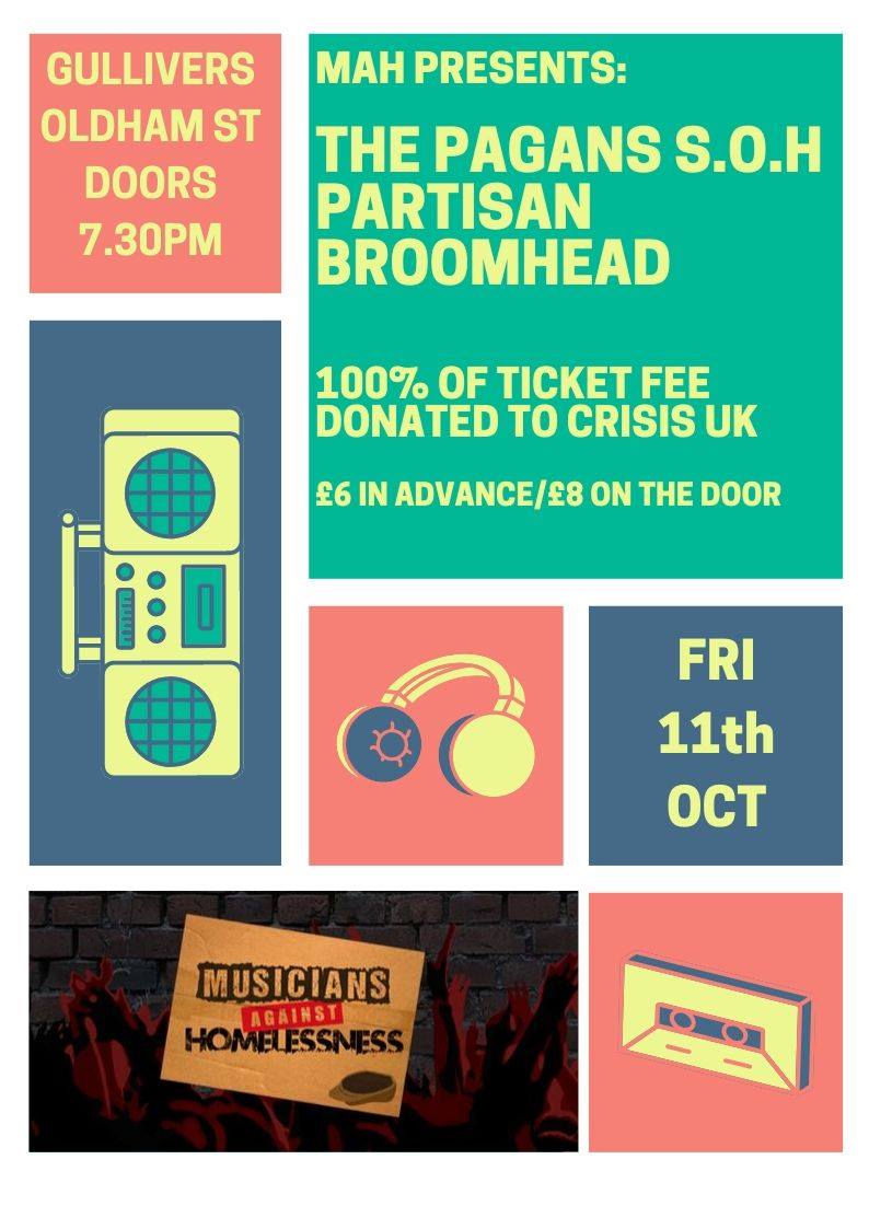 ANNOUNCEMENT...MAH Presents: <a href="/the_pagans/">The Pagans S.O.H</a>, <a href="/Wearepartisan/">Partisan</a> &amp; <a href="/dbroomheadmusic/">Broomhead</a> 11th Oct at the wonderful <a href="/GulliversNQ/">Gullivers</a> 
Tickets on sale later today from <a href="/WeGotTickets/">WeGotTickets</a> 
#Manchester #MAH2019 <a href="/MAH_Gigs/">Musicians Against Homelessness</a>