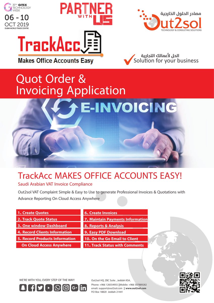 out2sol's tweet photo. == Quote, Order and Invoicing App == Out2Sol will be there to give you a complete overview and demo of TrackAcc at GiTex Technology Week 2019. #Invoicing #Invoice #Order #Sales #Management #Software #company #GiTex #Out2Sol #Technology #Week #Saudia #UAE #Dubai #MiddleEast https://t.co/zSRryTYV4h