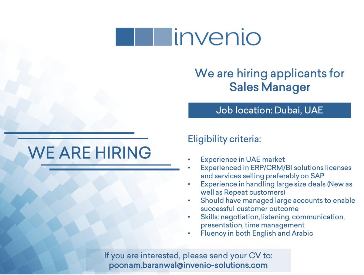 invenioLSI's tweet photo. We’re looking for Sales Manager with extensive experience in ERP/ CRM/ BI solutions licenses and services selling preferably on SAP to be a part of our team based in Dubai, UAE. For details, visit https://t.co/rPvB0HPDZB. #growwithinvenio https://t.co/IadpqcZICB