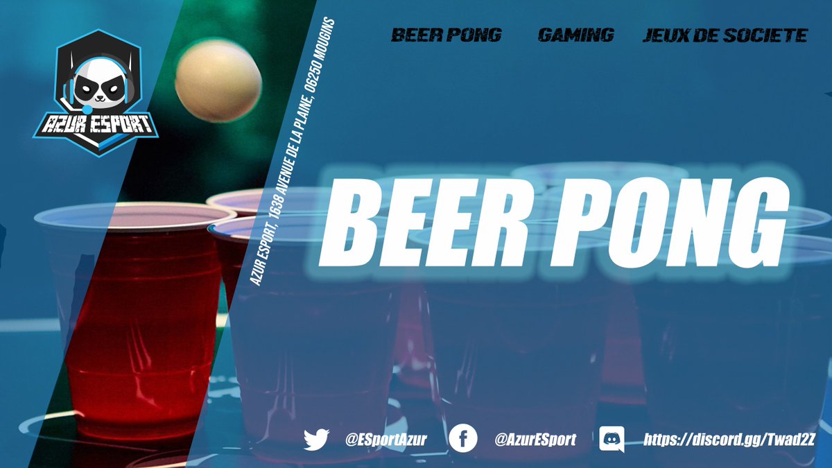 ESportAzur's tweet photo. Tu penses être imbattable au #beerpong 🍻🏓? 

Alors viens te joindre à nous pour la soirée, de ce fameux jeu de boisson.😜👍🐼

Consoles, PCs, consoles rétro, jeux de société dispo pendant la soirée.🎮🖥️

#AzurEsport

👉 1 heure à gagner pour le duo vainqueur ! https://t.co/bHlHt5oBZ2