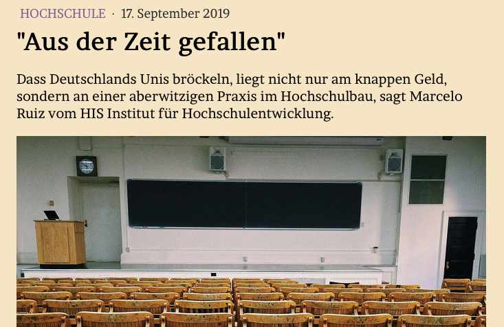 'AUS DER ZEIT GEFALLEN'

Dass Deutschlands Unis bröckeln, liegt nicht nur am knappen Geld, sondern an einer aberwitzigen Praxis im Hochschulbau, sagt Marcelo Ruiz vom HIS Institut für Hochschulentwicklung. #Sanierungsstau #Hochschule

Interview im Blog: jmwiarda.de/2019/09/17/aus…