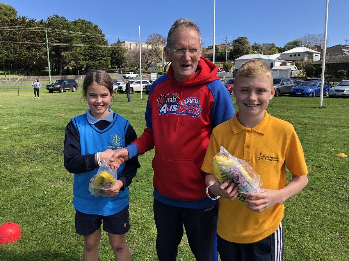 Warrnambool &amp; District PS longest kick winners today as part of the AFL 9’s Gala Day were Milly Morley (St Joseph’s PS) &amp; Bailey Flynn (Warrnambool PS)