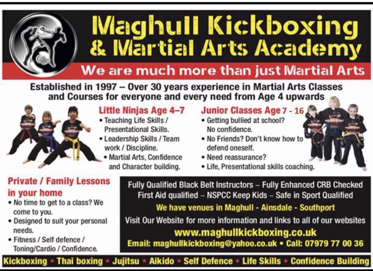 CLASSES IN MAGHULL, SOUTHPORT AND AINSDALE

Visit southportkickboxing.co.uk for all the classes and venue information you need. 

Established in 1997

Tel:- 07979 770036