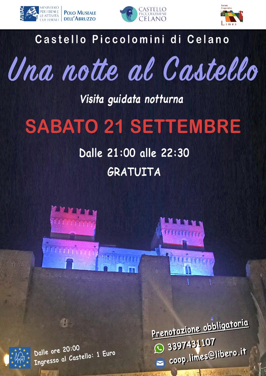 DRMAbruzzo's tweet photo. Sabato #21settembre apertura serale del #CastelloPiccolomini di #Celano ed emozionante visita guidata notturna per famiglie #UnaNotteAlCastello. Ore 21-22:30, non mancate!!!
@museumforkids @art_kids @kidsarttourism @kid_pass @VisitCelano https://t.co/c4M8SL1O6i