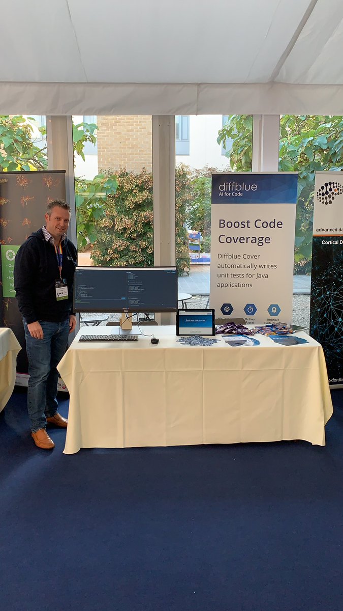 diffbluehq's tweet image. The lovely @jgwilson42 modelling the @diffbluehq stand at AI@Oxford  #AIOxford #AIforCode. Have any questions for us, James will answer or if you’re here today/tmw, come say Hi! We have all the sweets/stickers...