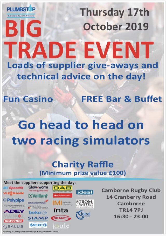 PlumbstopLtd's tweet image. 🔥 Breaking News🔥A date for your diary - Our Big Trade Event is coming to #Cornwall @cambornerfc @vaillantuk @StelradSWest @Stelrad @SiampUK @MexcoUK @DABPumpsUK @FluidmasterUK @Flyfisher41 @MarkPardy_IMI @IMIHydronicUK @Intatec @myGrantUK @JouleUK @IdealBoilers @StromLtd #Deals