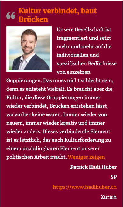 Pro Kultur Kanton Zürich (@pro_kultur) on Twitter photo Kultur baut Brücken... <a href="/hadihuber/">Patrick Hadi Huber</a>
Weitere #kulturstatements zu den #nationalratswahlen2019 laufend auf prokultur-zuerich.ch/national-und-s… Kultur baut Brücken... <a href="/hadihuber/">Patrick Hadi Huber</a>
Weitere #kulturstatements zu den #nationalratswahlen2019 laufend auf prokultur-zuerich.ch/national-und-s…