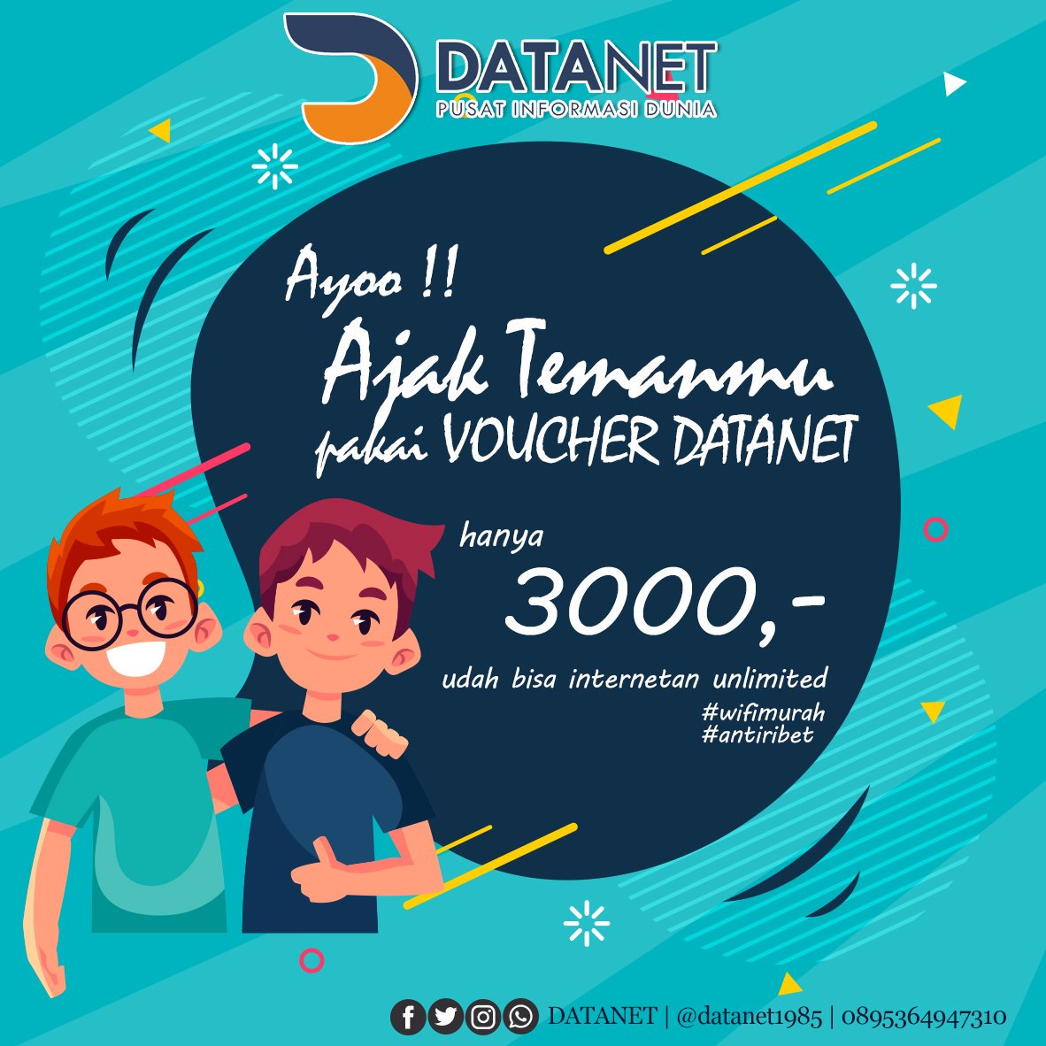 datanet1985's tweet image. ajak temen barumu beli voucher Data Net yukk !!! biar semua temen kalian bisa ngrasain internetan unlimited yang murah jugaa !!!
#datanet
#datanethome
#datanethotspot
#datanetkece
#network
#ngalahnesia