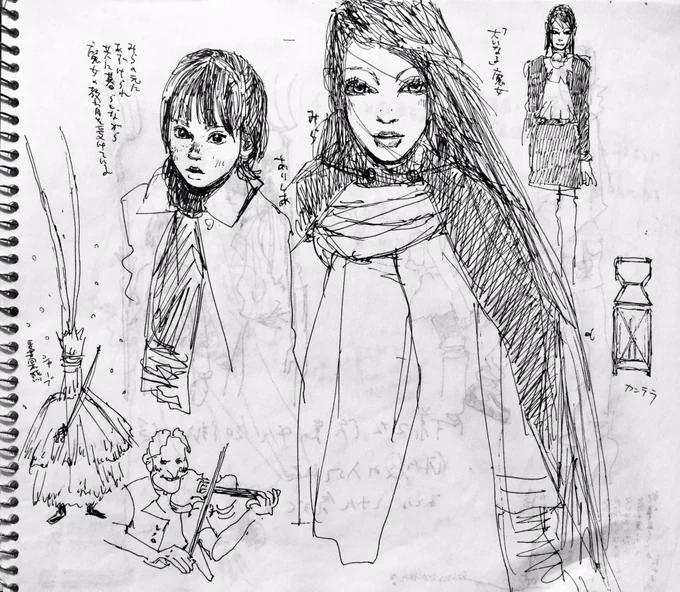 漫画になる前「魔女」編!
漫画の形になる前のアイデアスケッチです。魔女第2集所収 PETRA GENITALIX のメモ。

"大いなる"魔女 ミラと、その元に預けられた孤独な少女 アリシア。冬の祭りの夜の出来事が2人の距離を縮める。

「#魔女」は世界各地の魔女に纏わる物語集です→ https://t.co/UrULkyYVWl 