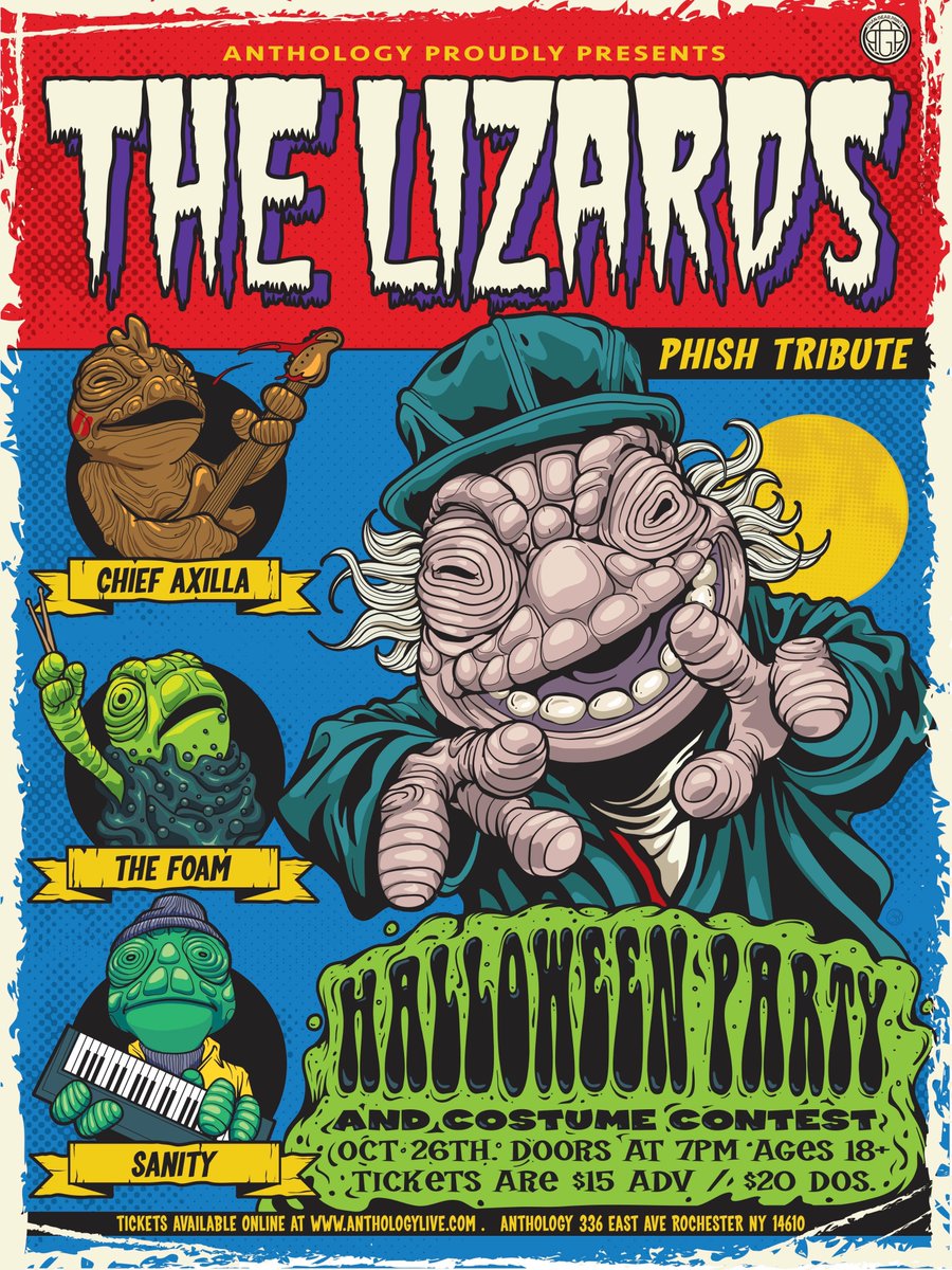 On sale now! The Anthology Halloween Party with The Lizards, Phish Tribute on Saturday October 26th. Costume contest, tricks &amp; treats. Poster prints designed by phan gear prints will be available for purchase at the show! Tickets here👉antholive.com/2lQgwqZ