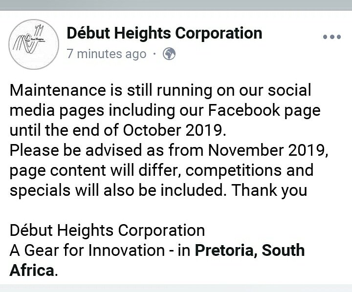 DebutHeights's tweet photo. We are still running our maintenance across all our social media platforms.
Thank you for your patience https://t.co/hPijVucc3C