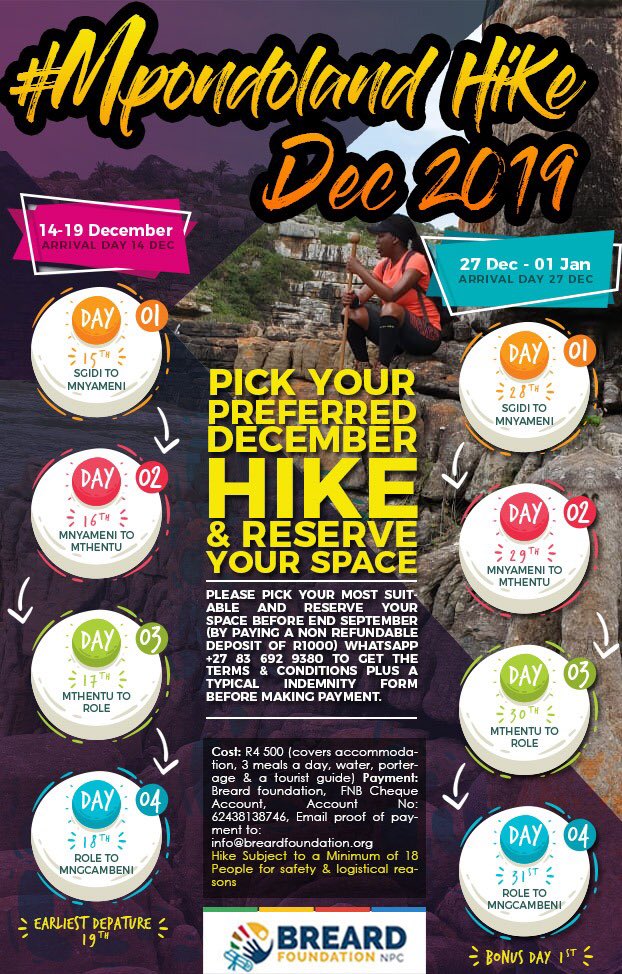 _breard's tweet image. Got questions regarding how you can prepare for the hike? Not sure what to expect? We have the answers. You can chat to us via DM or e-mail or WhatsApp us on the number on the poster. #MpondolandHikes #ShotLeft #Summer19