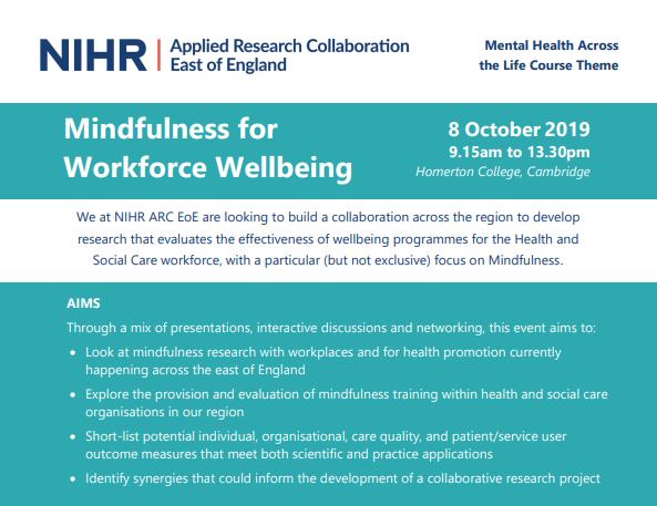 ARC_EoE's tweet photo. Calling #health &amp; #socialcare practitioners, HR leads, managers &amp; researchers - join our '#Mindfulness for #Wellbeing Event' on 8th Oct, to explore a regional #research collaboration evaluating #staff wellbeing programmes https://t.co/xIrF23xJaC @Uni_of_Essex @UniofHerts https://t.co/HJRPUV2bhi