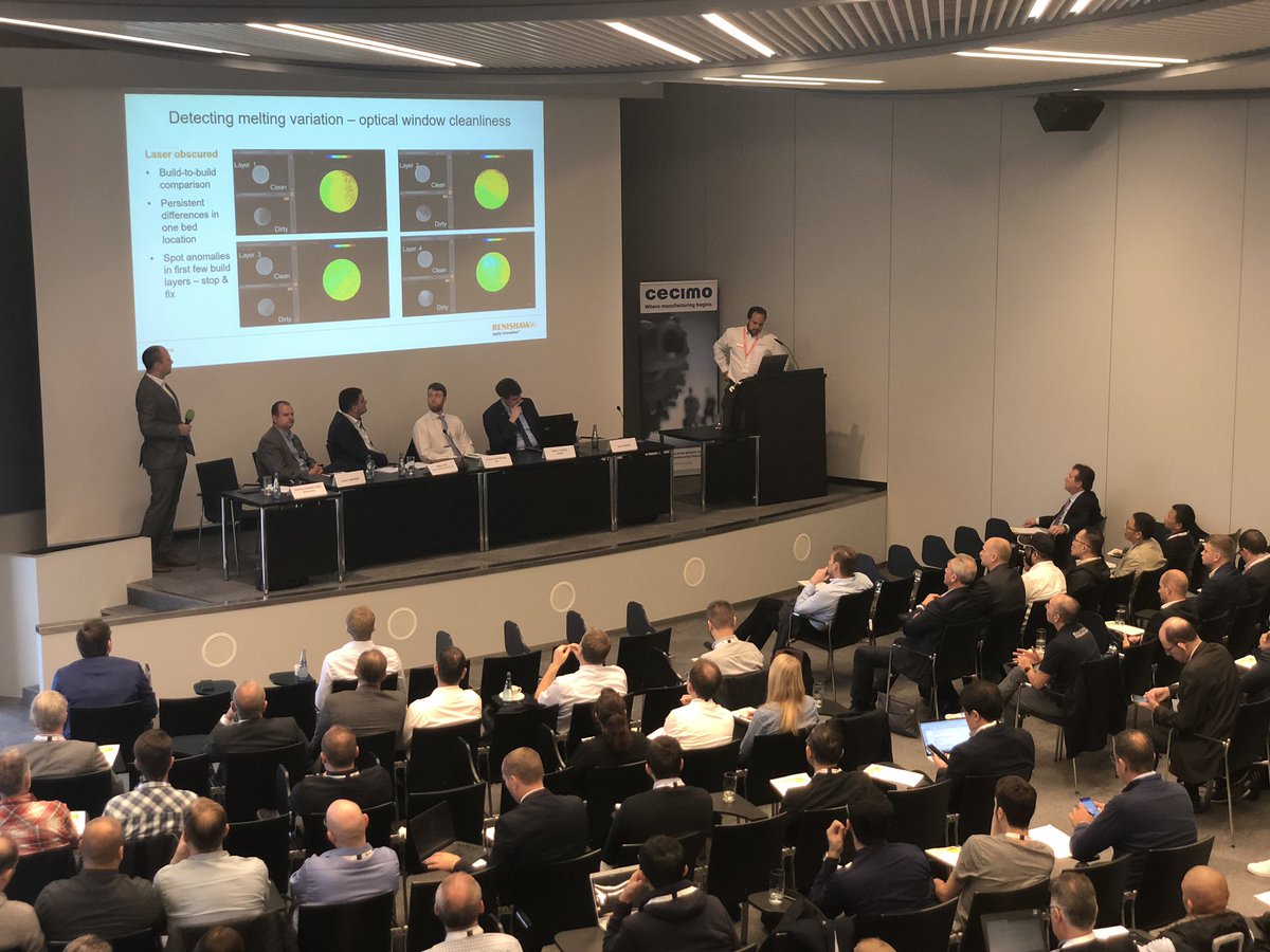 cecimo's tweet photo. Mr David Ewing from @RenishawAM speakers about new process control possibilities: 
- detection defects as they arise  
- correction errors in process #EMO2019 #additiveEMO https://t.co/NW9Rh1RJ27