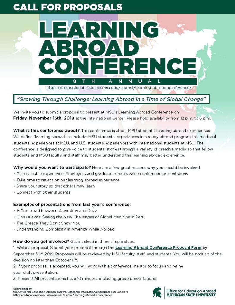 UR_at_MSU's tweet image. Submit a proposal to present at MSU’s Learning Abroad Conference!!! Proposals due September 30th! #learningabroad #internationalexperiences #SpartansWill