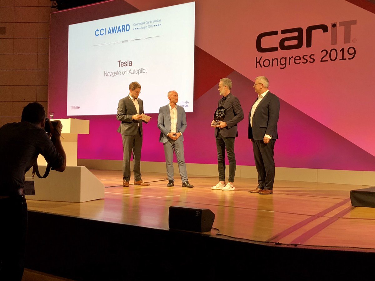 fintlp's tweet photo. @Tesla just won the prestigious #ConnectedCarInnovation Award 2019 for #NoA Navigate on Autopilot.  Beating innovations from  @BMWGroup , @Daimler , @ToyotaMotorCorp ... Prof. @StefanBratzel gave favorable comments! #carITK19 #IAA https://t.co/15isXvWMJq